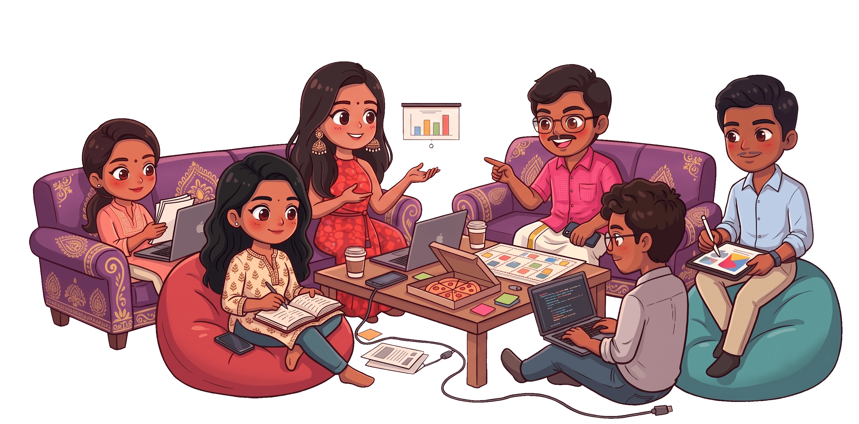 Illustration of a team collaborating on a hackathon project